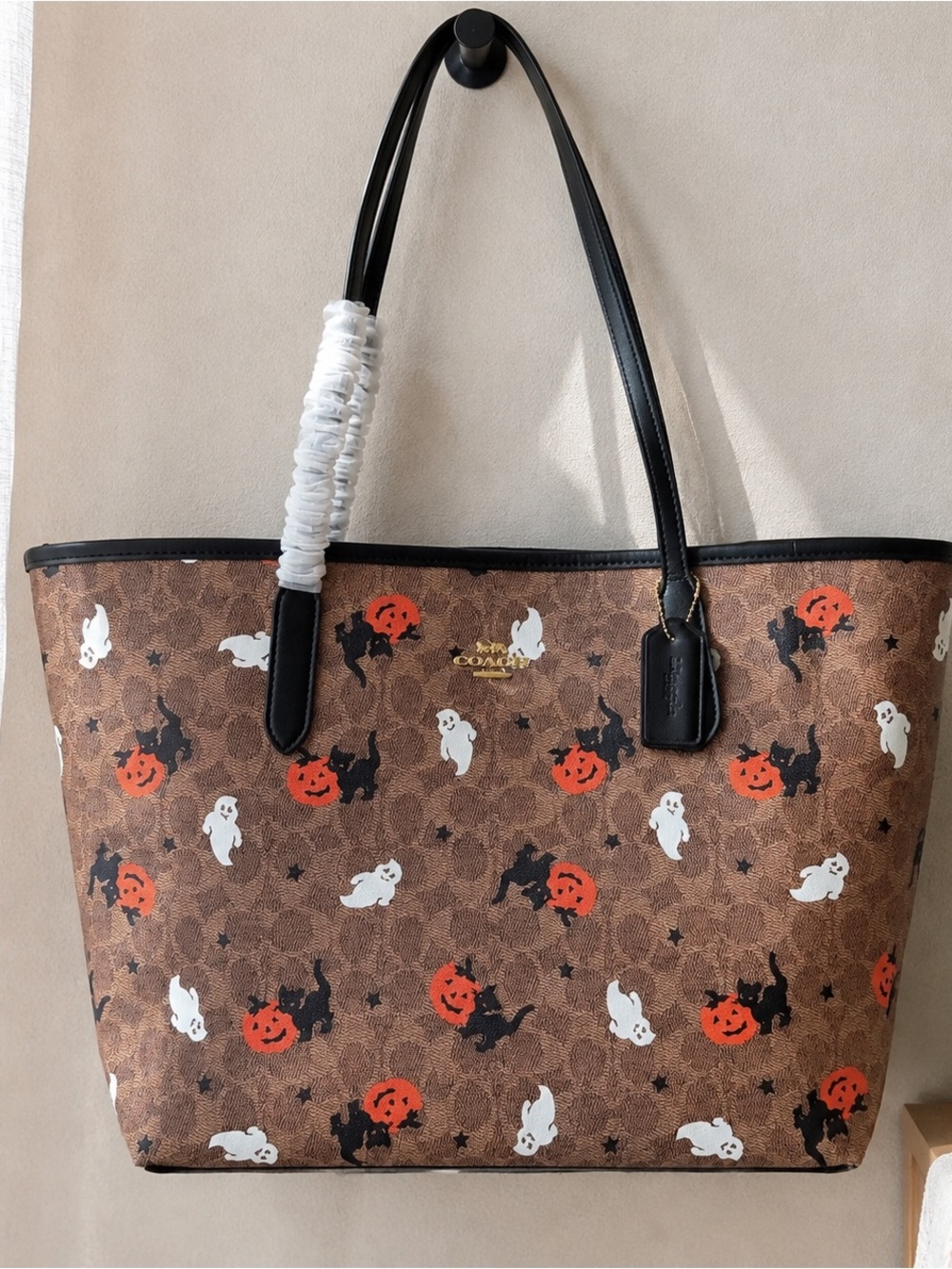 COACH Brown Signature Canvas Tote with Orange, Black & White Halloween